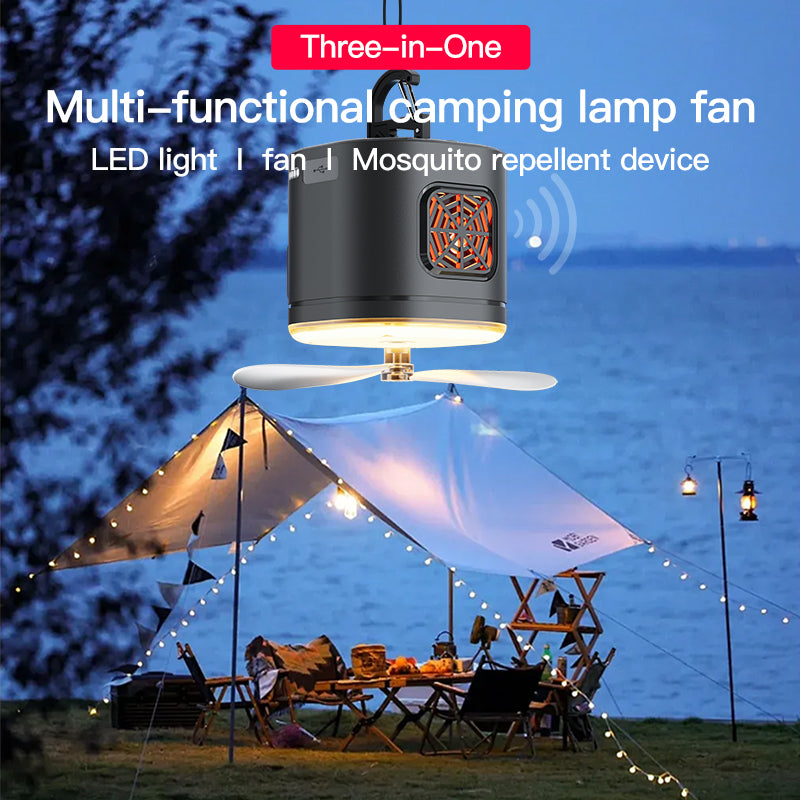 An all-in-one outdoor solution combining lighting, cooling, and ultrasonic mosquito protection.
