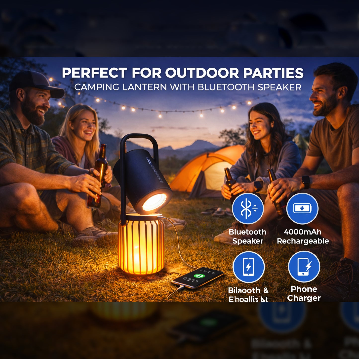 3-in-1 Camping Lantern with Bluetooth Speaker & Flame Light | Rechargeable Outdoor Lantern