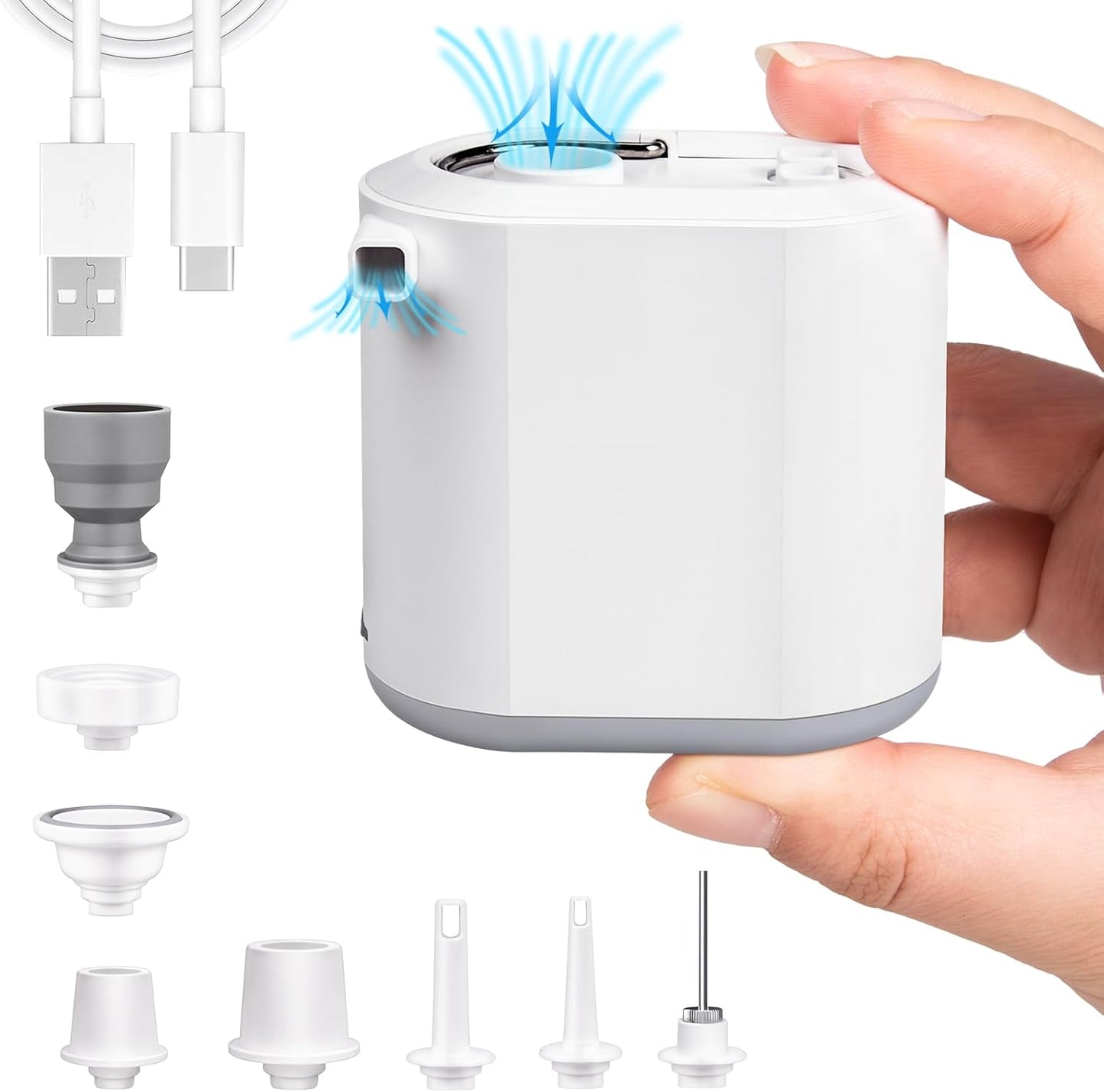 Compact mini air pump with built-in LED light. USB rechargeable, lightweight and portable. Includes 8 nozzles for air mattresses, pool floats & travel use.