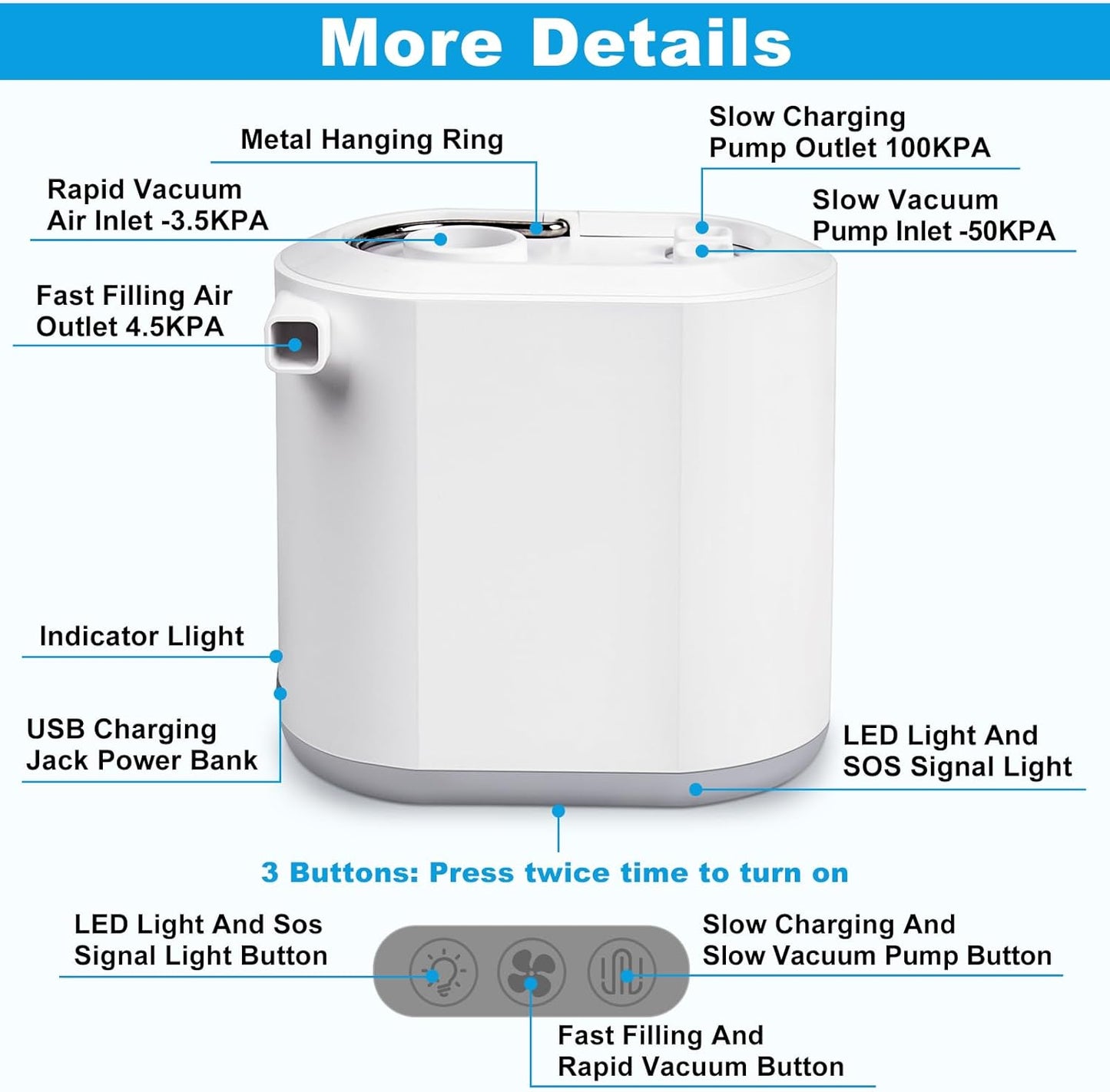 Compact mini air pump with built-in LED light. USB rechargeable, lightweight and portable. Includes 8 nozzles for air mattresses, pool floats & travel use.