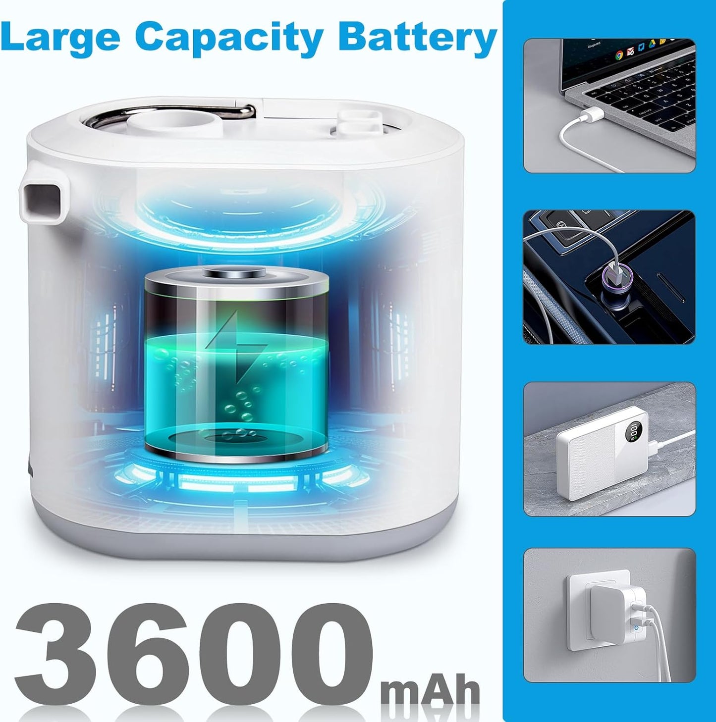 Compact mini air pump with built-in LED light. USB rechargeable, lightweight and portable. Includes 8 nozzles for air mattresses, pool floats & travel use.