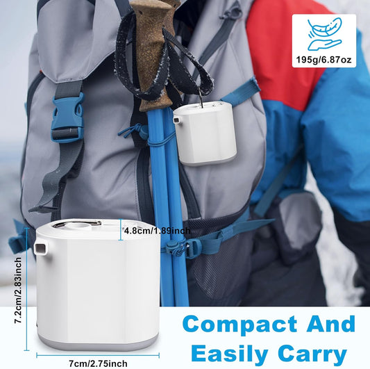 Compact mini air pump with built-in LED light. USB rechargeable, lightweight and portable. Includes 8 nozzles for air mattresses, pool floats & travel use.