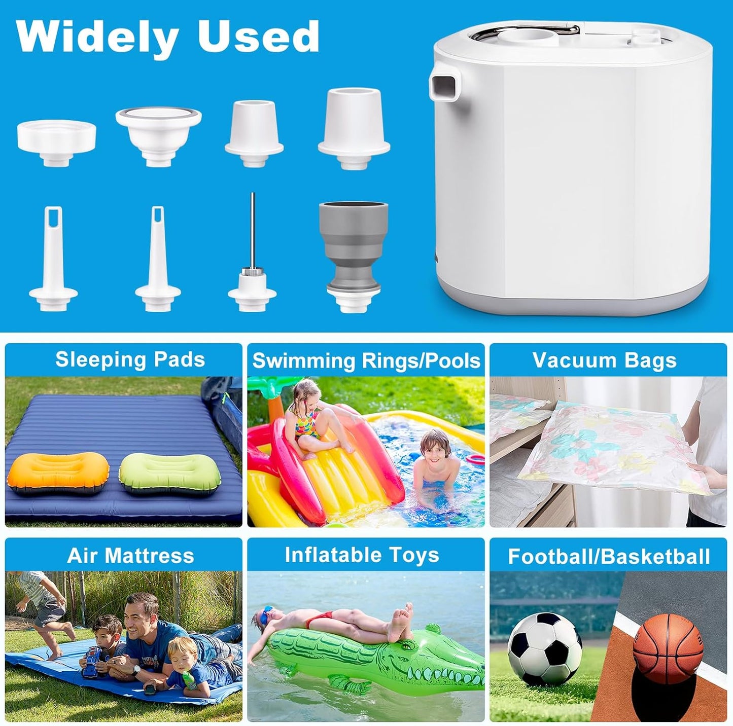 Compact mini air pump with built-in LED light. USB rechargeable, lightweight and portable. Includes 8 nozzles for air mattresses, pool floats & travel use.