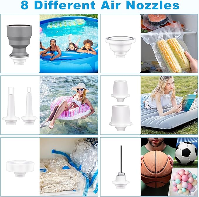 Compact mini air pump with built-in LED light. USB rechargeable, lightweight and portable. Includes 8 nozzles for air mattresses, pool floats & travel use.