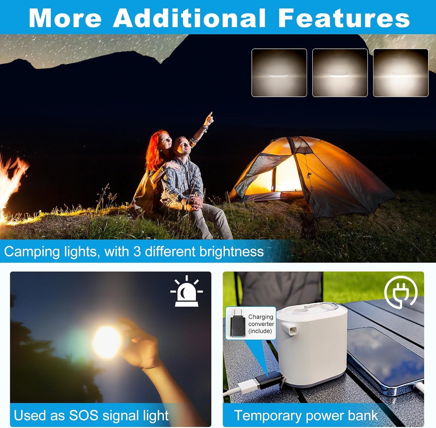 Compact mini air pump with built-in LED light. USB rechargeable, lightweight and portable. Includes 8 nozzles for air mattresses, pool floats & travel use.