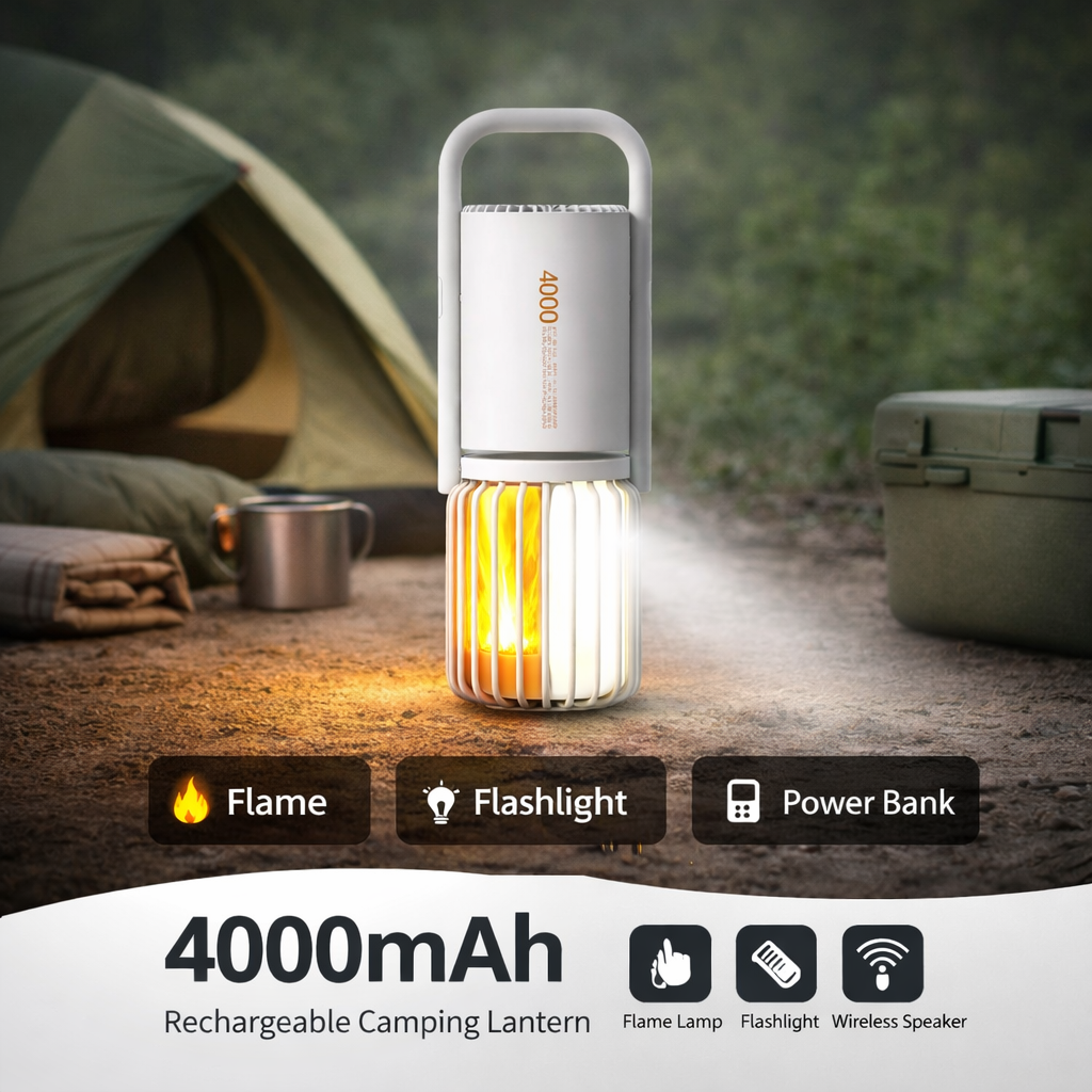 3-in-1 Camping Lantern with Bluetooth Speaker & Flame Light | Rechargeable Outdoor Lantern